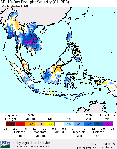 South East Asia SPI 10-Day Drought Severity (CHIRPS) Thematic Map For 10/11/2021 - 10/20/2021