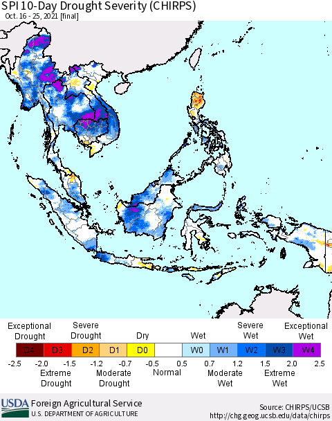 South East Asia SPI 10-Day Drought Severity (CHIRPS) Thematic Map For 10/16/2021 - 10/25/2021