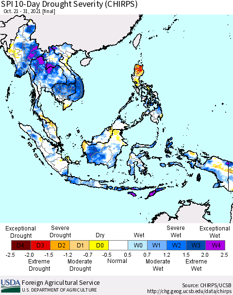 South East Asia SPI 10-Day Drought Severity (CHIRPS) Thematic Map For 10/21/2021 - 10/31/2021