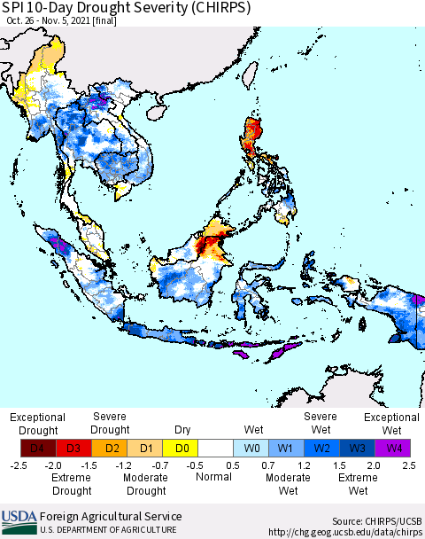 South East Asia SPI 10-Day Drought Severity (CHIRPS) Thematic Map For 10/26/2021 - 11/5/2021