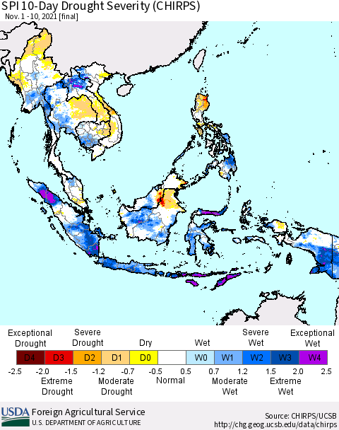 South East Asia SPI 10-Day Drought Severity (CHIRPS) Thematic Map For 11/1/2021 - 11/10/2021