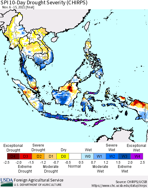 South East Asia SPI 10-Day Drought Severity (CHIRPS) Thematic Map For 11/6/2021 - 11/15/2021
