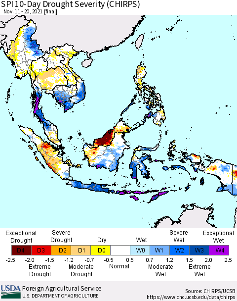 South East Asia SPI 10-Day Drought Severity (CHIRPS) Thematic Map For 11/11/2021 - 11/20/2021