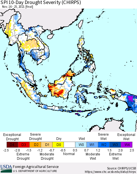South East Asia SPI 10-Day Drought Severity (CHIRPS) Thematic Map For 11/16/2021 - 11/25/2021