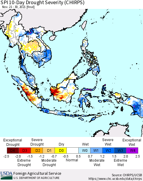 South East Asia SPI 10-Day Drought Severity (CHIRPS) Thematic Map For 11/21/2021 - 11/30/2021