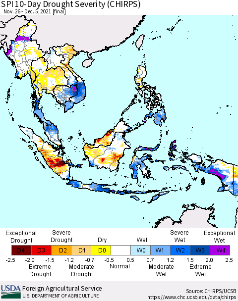 South East Asia SPI 10-Day Drought Severity (CHIRPS) Thematic Map For 11/26/2021 - 12/5/2021