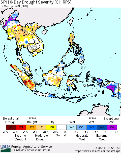 South East Asia SPI 10-Day Drought Severity (CHIRPS) Thematic Map For 12/1/2021 - 12/10/2021