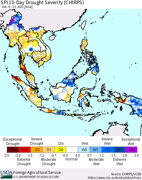 South East Asia SPI 10-Day Drought Severity (CHIRPS) Thematic Map For 12/6/2021 - 12/15/2021