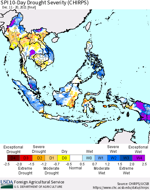 South East Asia SPI 10-Day Drought Severity (CHIRPS) Thematic Map For 12/11/2021 - 12/20/2021