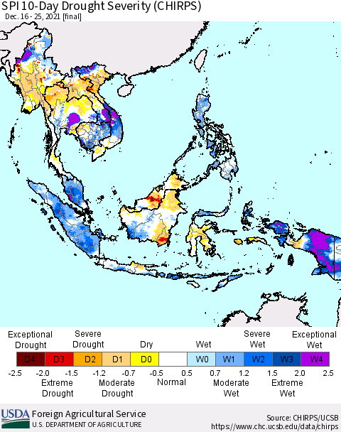 South East Asia SPI 10-Day Drought Severity (CHIRPS) Thematic Map For 12/16/2021 - 12/25/2021