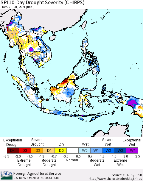 South East Asia SPI 10-Day Drought Severity (CHIRPS) Thematic Map For 12/21/2021 - 12/31/2021
