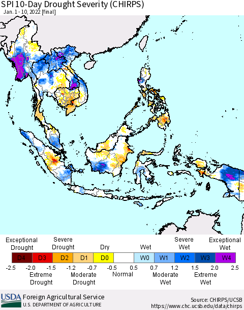 South East Asia SPI 10-Day Drought Severity (CHIRPS) Thematic Map For 1/1/2022 - 1/10/2022