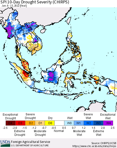 South East Asia SPI 10-Day Drought Severity (CHIRPS) Thematic Map For 1/6/2022 - 1/15/2022