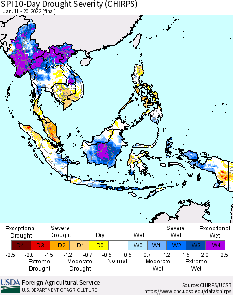 South East Asia SPI 10-Day Drought Severity (CHIRPS) Thematic Map For 1/11/2022 - 1/20/2022