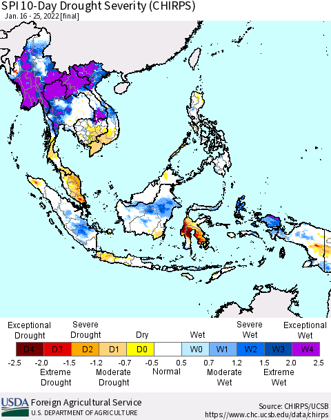 South East Asia SPI 10-Day Drought Severity (CHIRPS) Thematic Map For 1/16/2022 - 1/25/2022