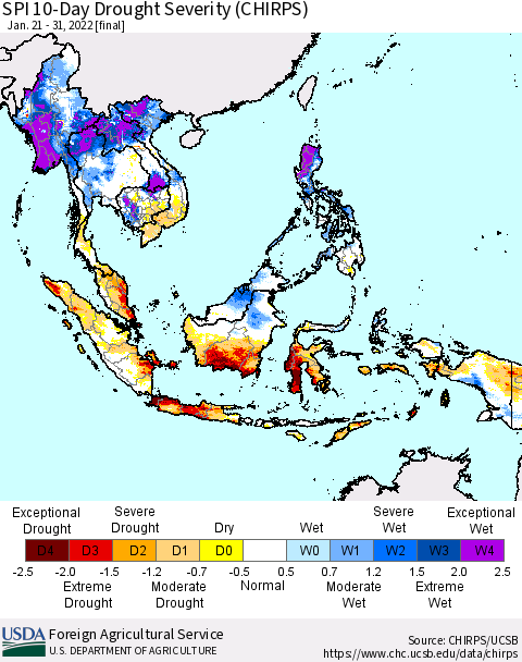 South East Asia SPI 10-Day Drought Severity (CHIRPS) Thematic Map For 1/21/2022 - 1/31/2022