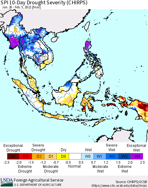 South East Asia SPI 10-Day Drought Severity (CHIRPS) Thematic Map For 1/26/2022 - 2/5/2022