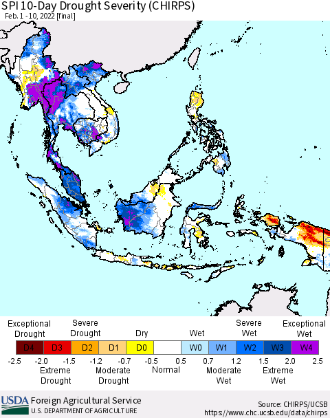 South East Asia SPI 10-Day Drought Severity (CHIRPS) Thematic Map For 2/1/2022 - 2/10/2022