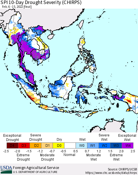 South East Asia SPI 10-Day Drought Severity (CHIRPS) Thematic Map For 2/6/2022 - 2/15/2022