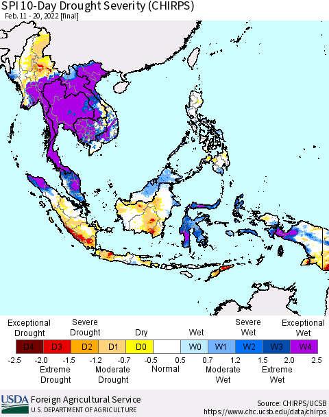 South East Asia SPI 10-Day Drought Severity (CHIRPS) Thematic Map For 2/11/2022 - 2/20/2022