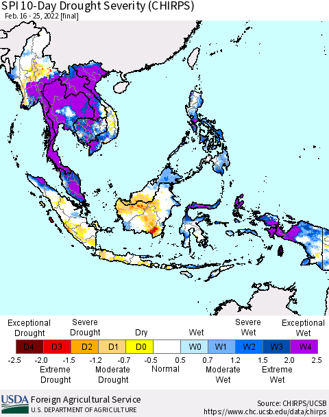 South East Asia SPI 10-Day Drought Severity (CHIRPS) Thematic Map For 2/16/2022 - 2/25/2022