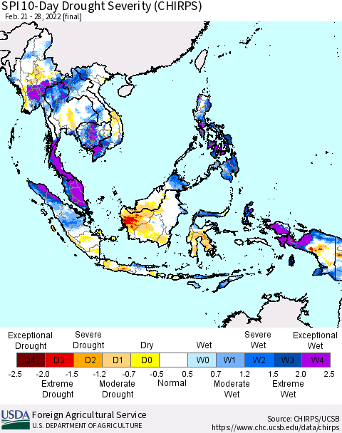 South East Asia SPI 10-Day Drought Severity (CHIRPS) Thematic Map For 2/21/2022 - 2/28/2022