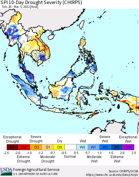 South East Asia SPI 10-Day Drought Severity (CHIRPS) Thematic Map For 2/26/2022 - 3/5/2022
