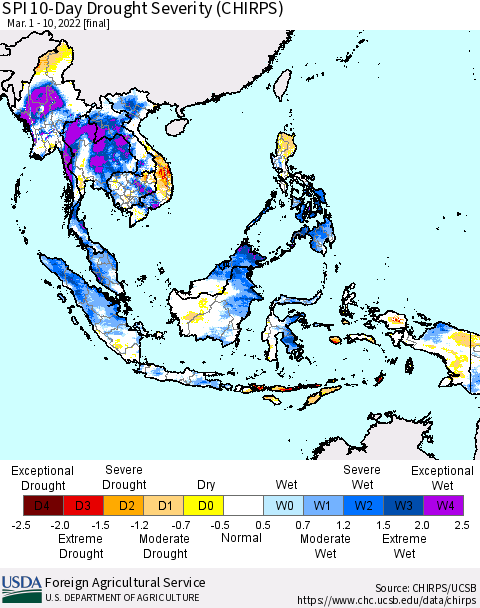 South East Asia SPI 10-Day Drought Severity (CHIRPS) Thematic Map For 3/1/2022 - 3/10/2022