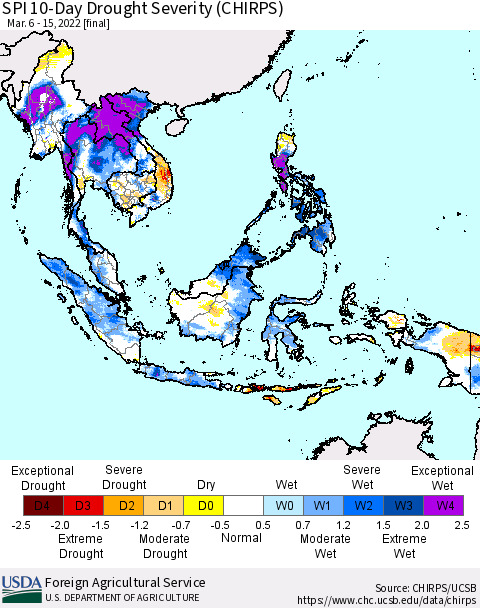 South East Asia SPI 10-Day Drought Severity (CHIRPS) Thematic Map For 3/6/2022 - 3/15/2022