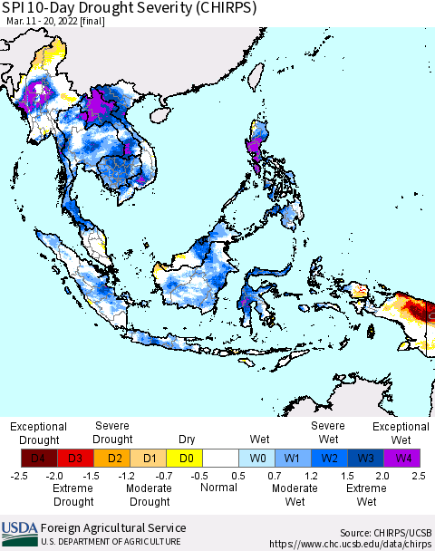 South East Asia SPI 10-Day Drought Severity (CHIRPS) Thematic Map For 3/11/2022 - 3/20/2022