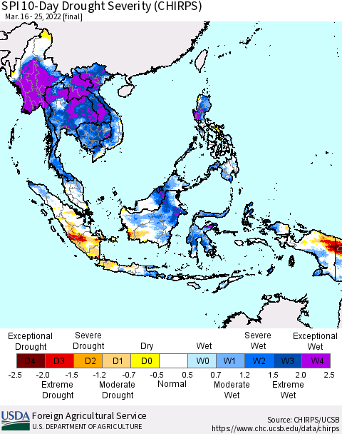 South East Asia SPI 10-Day Drought Severity (CHIRPS) Thematic Map For 3/16/2022 - 3/25/2022
