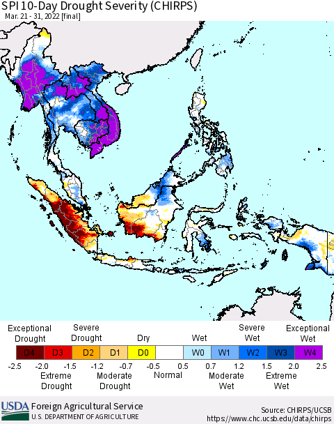 South East Asia SPI 10-Day Drought Severity (CHIRPS) Thematic Map For 3/21/2022 - 3/31/2022
