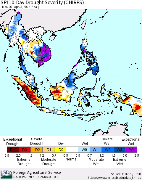 South East Asia SPI 10-Day Drought Severity (CHIRPS) Thematic Map For 3/26/2022 - 4/5/2022