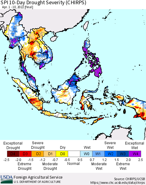South East Asia SPI 10-Day Drought Severity (CHIRPS) Thematic Map For 4/1/2022 - 4/10/2022