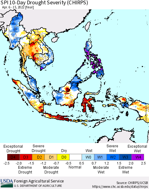 South East Asia SPI 10-Day Drought Severity (CHIRPS) Thematic Map For 4/6/2022 - 4/15/2022