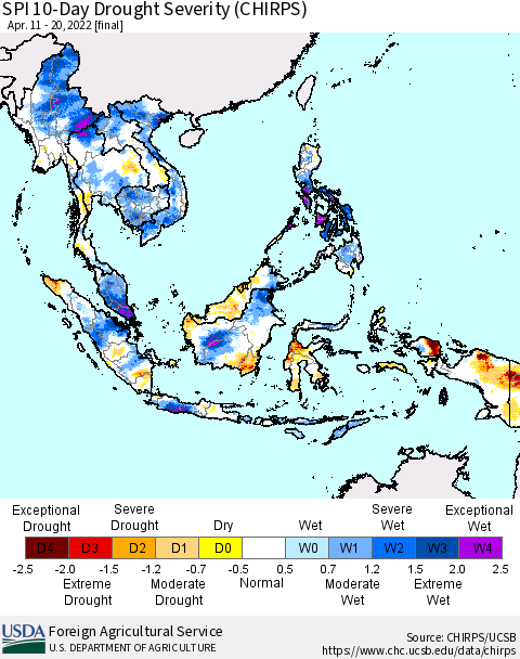 South East Asia SPI 10-Day Drought Severity (CHIRPS) Thematic Map For 4/11/2022 - 4/20/2022