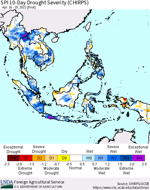 South East Asia SPI 10-Day Drought Severity (CHIRPS) Thematic Map For 4/16/2022 - 4/25/2022