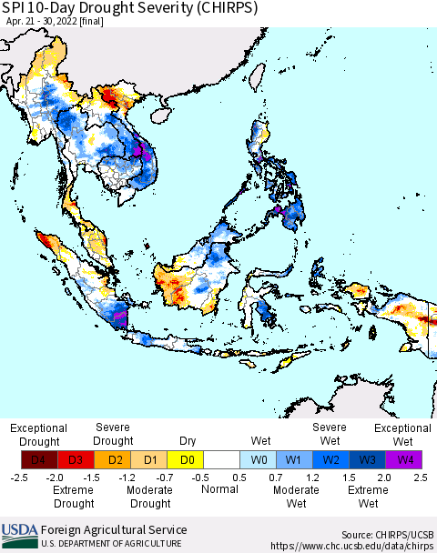 South East Asia SPI 10-Day Drought Severity (CHIRPS) Thematic Map For 4/21/2022 - 4/30/2022