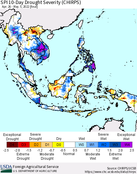 South East Asia SPI 10-Day Drought Severity (CHIRPS) Thematic Map For 4/26/2022 - 5/5/2022