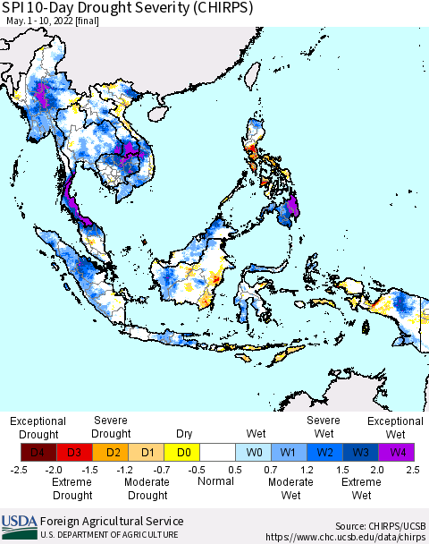 South East Asia SPI 10-Day Drought Severity (CHIRPS) Thematic Map For 5/1/2022 - 5/10/2022