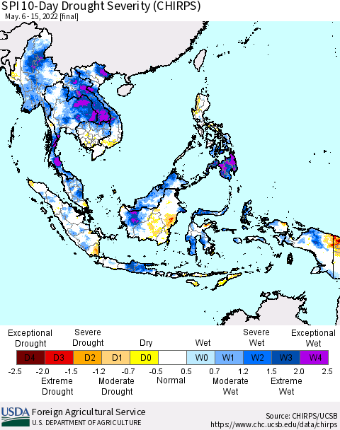 South East Asia SPI 10-Day Drought Severity (CHIRPS) Thematic Map For 5/6/2022 - 5/15/2022