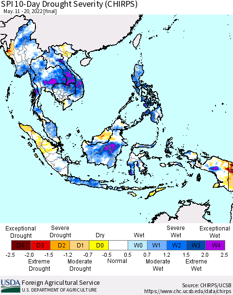 South East Asia SPI 10-Day Drought Severity (CHIRPS) Thematic Map For 5/11/2022 - 5/20/2022