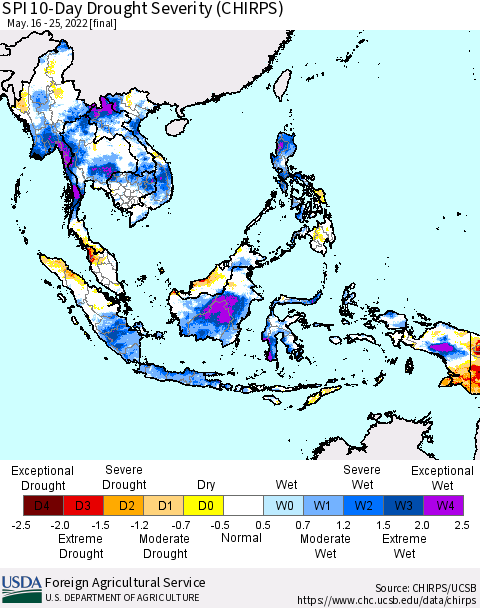 South East Asia SPI 10-Day Drought Severity (CHIRPS) Thematic Map For 5/16/2022 - 5/25/2022