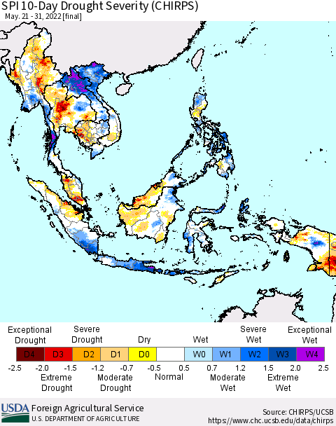 South East Asia SPI 10-Day Drought Severity (CHIRPS) Thematic Map For 5/21/2022 - 5/31/2022