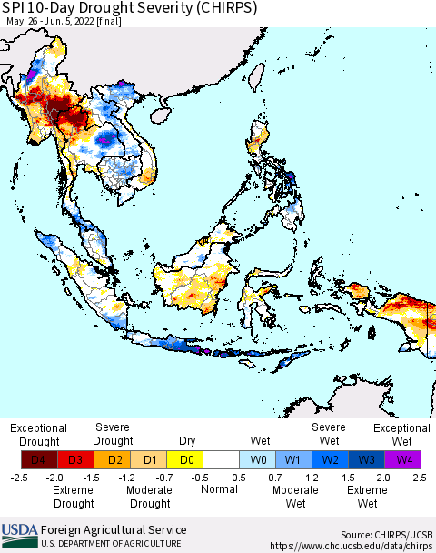 South East Asia SPI 10-Day Drought Severity (CHIRPS) Thematic Map For 5/26/2022 - 6/5/2022