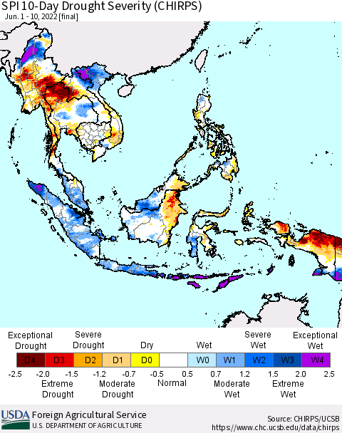 South East Asia SPI 10-Day Drought Severity (CHIRPS) Thematic Map For 6/1/2022 - 6/10/2022