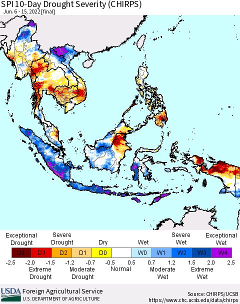 South East Asia SPI 10-Day Drought Severity (CHIRPS) Thematic Map For 6/6/2022 - 6/15/2022