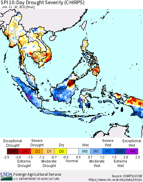 South East Asia SPI 10-Day Drought Severity (CHIRPS) Thematic Map For 6/11/2022 - 6/20/2022