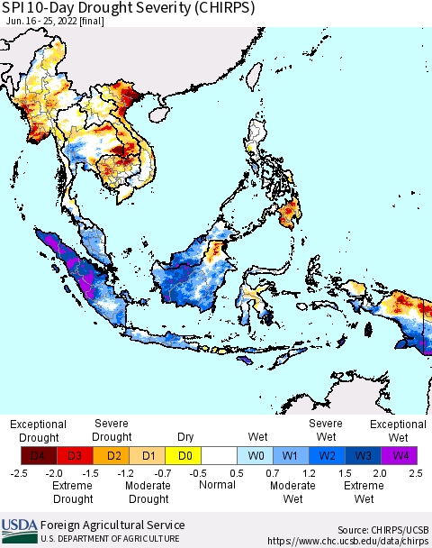 South East Asia SPI 10-Day Drought Severity (CHIRPS) Thematic Map For 6/16/2022 - 6/25/2022