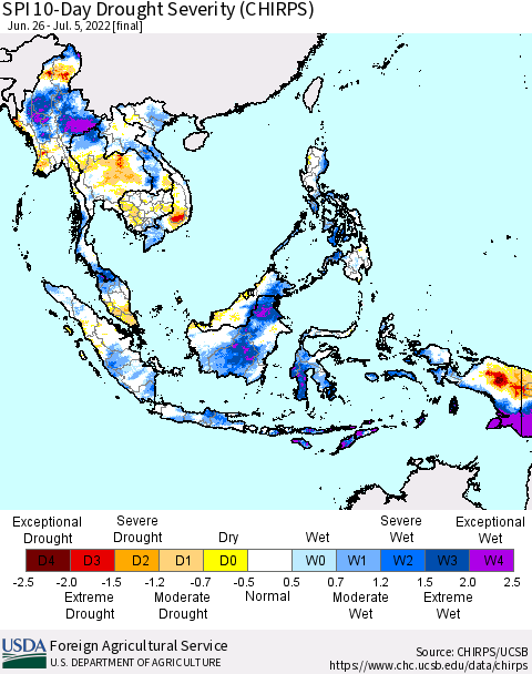 South East Asia SPI 10-Day Drought Severity (CHIRPS) Thematic Map For 6/26/2022 - 7/5/2022